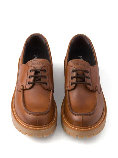 Prada Chunky Sole Lace-up Loafers With Round Toe In Beige O Tan