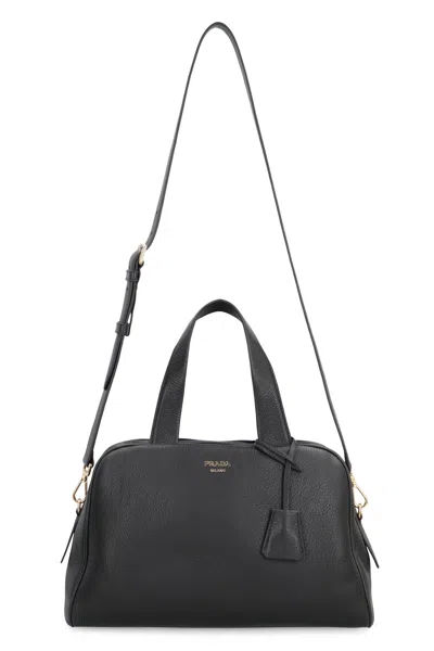 Prada Large Leather Boston Bag In Black