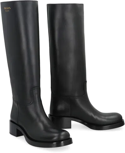 Prada Knee-high Leather Block Heel Boots