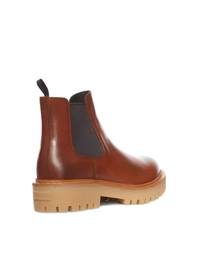 Prada Brown Leather Boots With Elastic Side Panels And Durable Sole