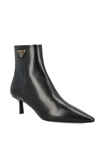 Prada Leather Pointed Ankle Boots In Black