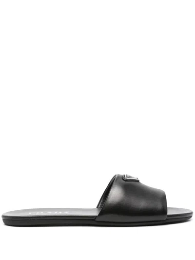 Prada Logo-plaque Leather Sandals In Black