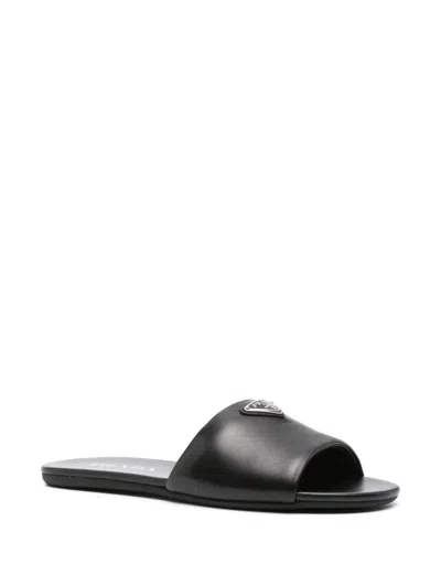 Prada Logo-plaque Leather Sandals In Black