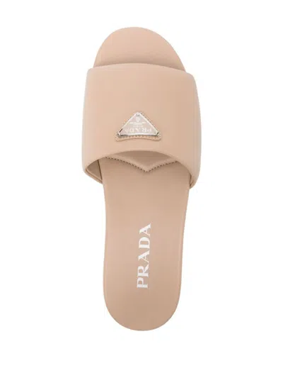 Prada Triangle Logo Leather Flat Sandals In Beige