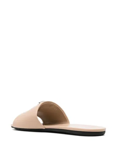 Prada Triangle Logo Leather Flat Sandals In Beige