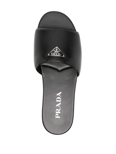 Prada Logo-plaque Leather Sandals In Black