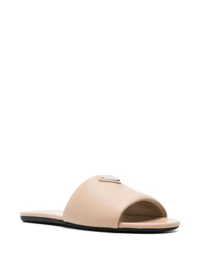 Prada Triangle Logo Leather Flat Sandals In Beige