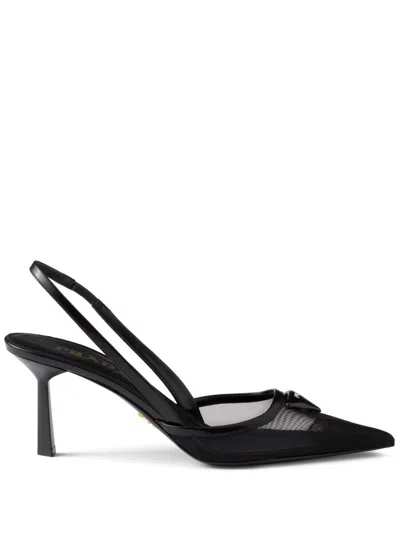 Prada 75 Logo Leather-trimmed Slingback Pumps In Black