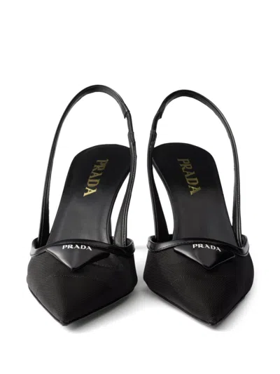 Prada 75 Logo Leather-trimmed Slingback Pumps In Black