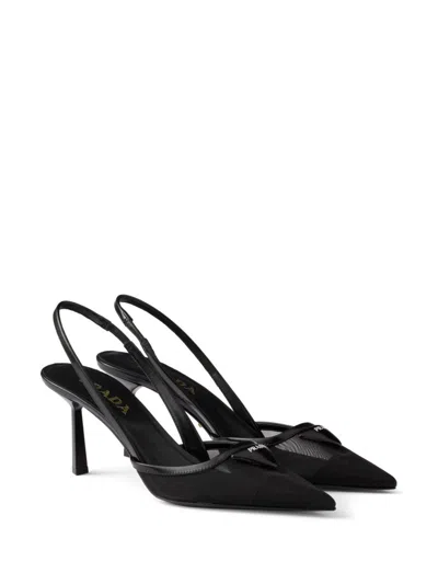 Prada 75 Logo Leather-trimmed Slingback Pumps In Black