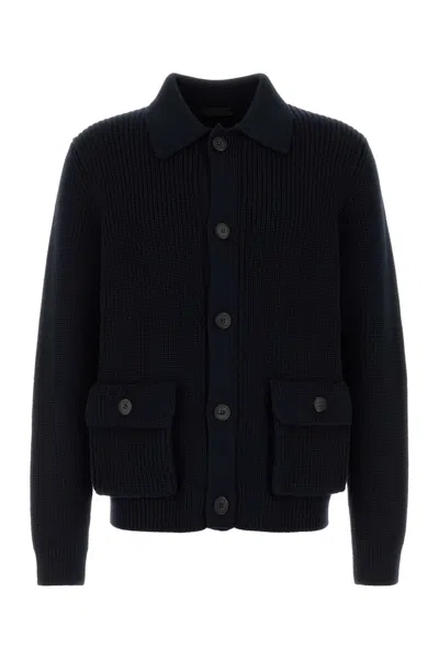 Prada Wool Cardigan With Collared Design And Ribbed Texture In Black