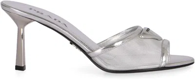 Prada Logo Detailed Heeled Sandals In Silver