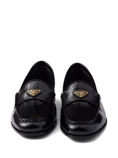 Prada Triangle Logo Patent Leather Loafers In Black