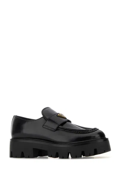 Prada Black Leather Platform Moccasin With Logo In Black