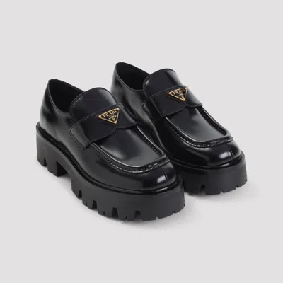 Prada Black Leather Platform Moccasin With Logo In Black