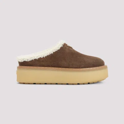 Prada Evolve Shearling-trimmed Suede Platform Mules In Brown