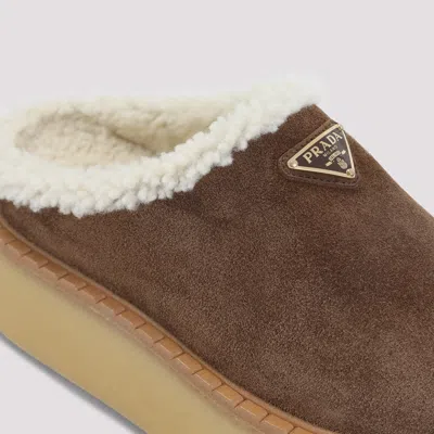 Prada Evolve Shearling-trimmed Suede Platform Mules In Brown
