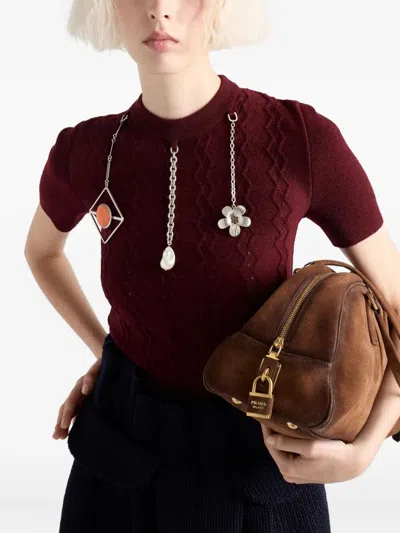 Prada Openwork Motif Wool Sweater With Pendants Clothing In Brown