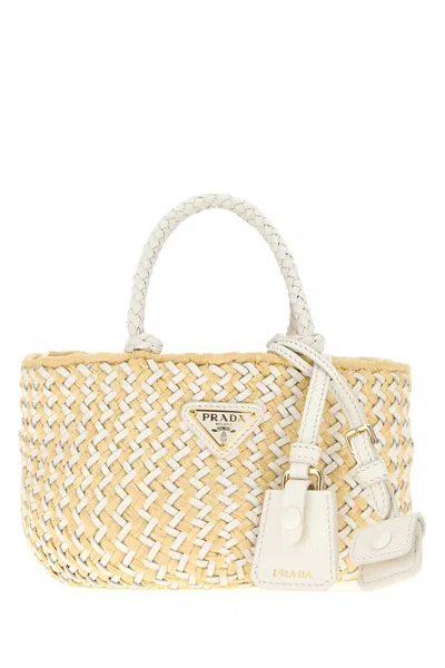 Prada Two-tone Leather And Raffia Handbag In Brown