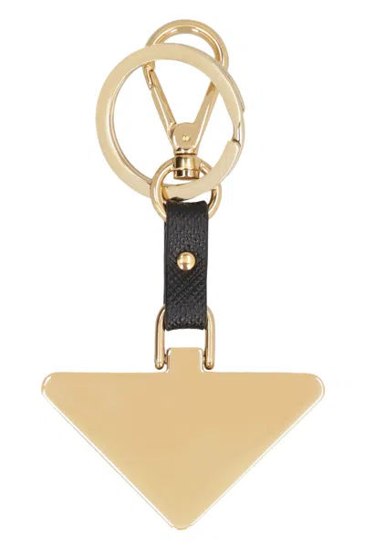 Prada Two-tone Metal And Leather Key Ring In Black