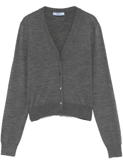 Prada V-neck Lightweight Knit Wool Cardigan In Gray
