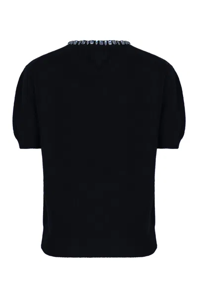 Prada Wool And Cashmere Crewneck Sweater With Jewel Details In Blue