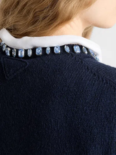 Prada Wool And Cashmere Crewneck Sweater With Jewel Details In Blue
