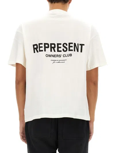Represent White Crewneck T-shirt With With Front And Back Owners Club Print In Cotton Man In Multi