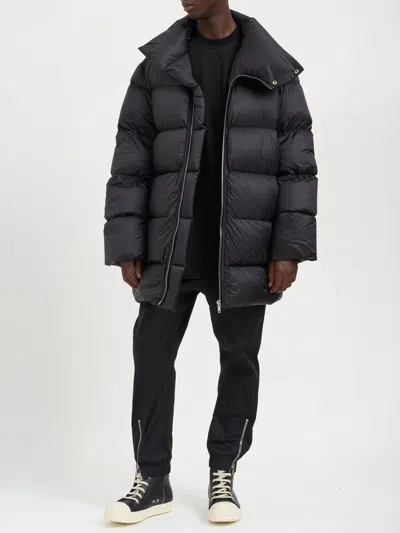Rick Owens High Collar Long Padded Quilted Jacket In Black