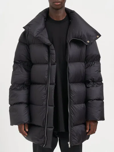 Rick Owens High Collar Long Padded Quilted Jacket In Black