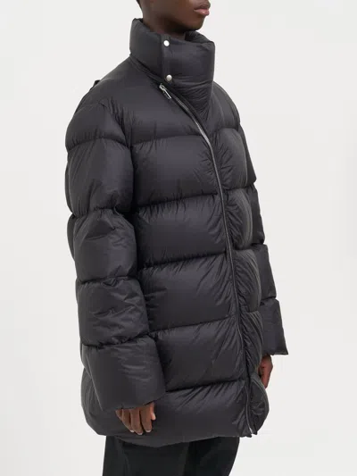 Rick Owens High Collar Long Padded Quilted Jacket In Black
