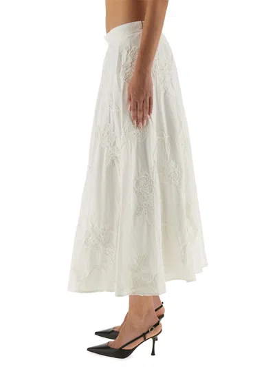 Rotate Birger Christensen Floral Embroidered A-line Midi Skirt In Organic Cotton In White