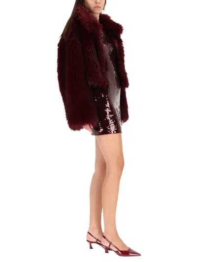 Rotate Birger Christensen Bordeaux Sequin Crewneck Mini Dress With Flared Sleeves In Tech Fabric Stretch Woman In Burgundy