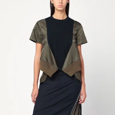 Sacai Navy Kaki Cotton And Nylon T-shirt In Black