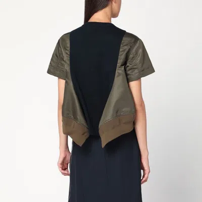Sacai Navy Kaki Cotton And Nylon T-shirt In Black