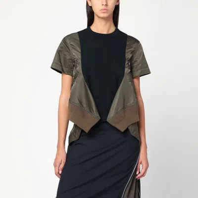 Sacai Navy Kaki Cotton And Nylon T-shirt In Black