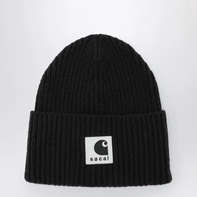 Sacai X Carhartt Wip Black Beanie With Logo Patch In Black