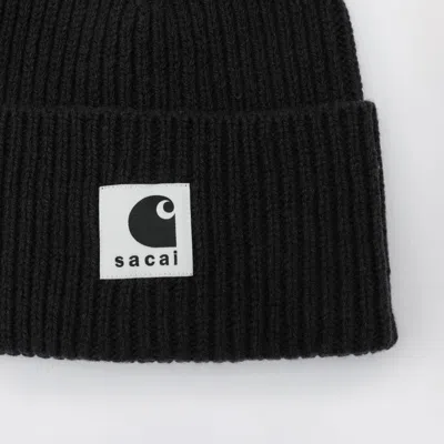 Sacai X Carhartt Wip Black Beanie With Logo Patch In Black