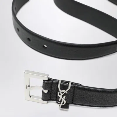 Saint Laurent Cassandre Buckle Grained Leather Belt In Black