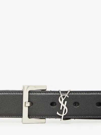 Saint Laurent Cassandre Buckle Grained Leather Belt In Black