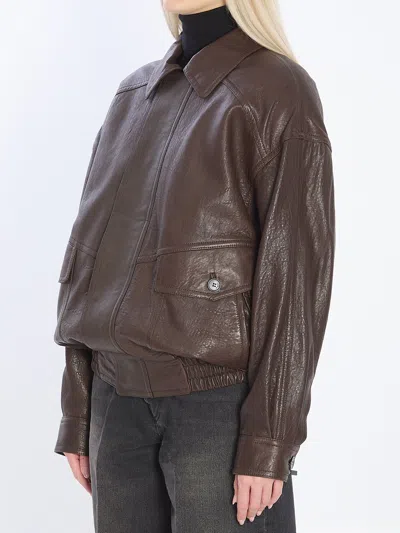 Saint Laurent Pointed-collar Balloon-seelves Lambskin Jacket In Brown