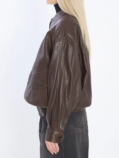 Saint Laurent Pointed-collar Balloon-seelves Lambskin Jacket In Brown