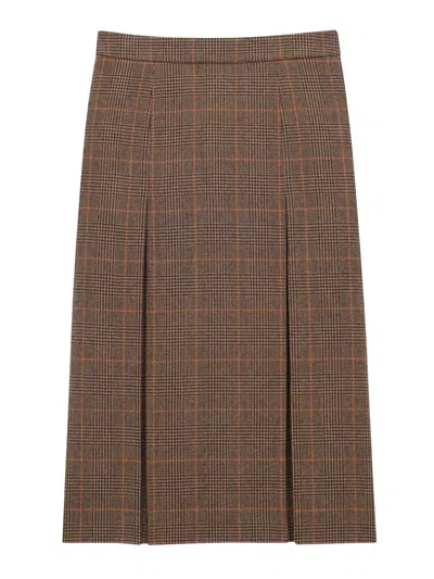 Saint Laurent Prince Of Wales Wool And Cashmere Midi Skirt In Brown