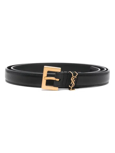 Saint Laurent Cassandre Thin Calfskin Belt Logo In Black