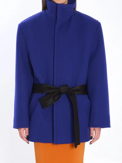 Saint Laurent Boxy Wool Coat Removable Silk Belt In Blue