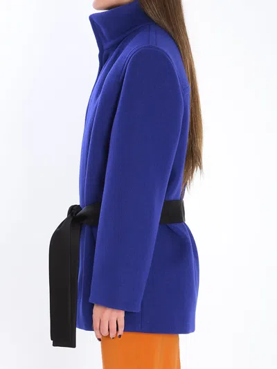 Saint Laurent Boxy Wool Coat Removable Silk Belt In Blue