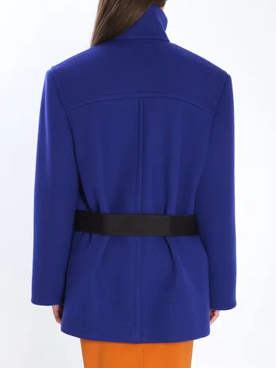Saint Laurent Boxy Wool Coat Removable Silk Belt In Blue