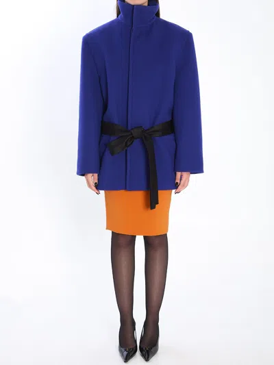 Saint Laurent Boxy Wool Coat Removable Silk Belt In Blue
