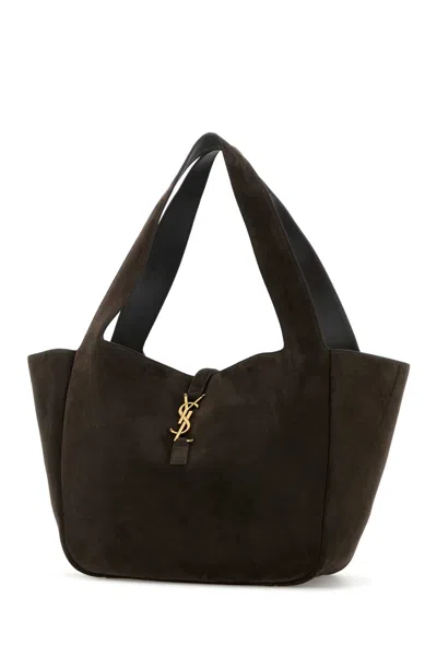 Saint Laurent Brown Suede Leather Le 5 Ã 7 Bea Shopping Bag In Brown