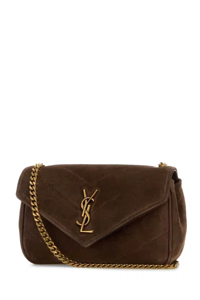 Saint Laurent Brown Suede Mini Loulou Crossbody Bag In Brown